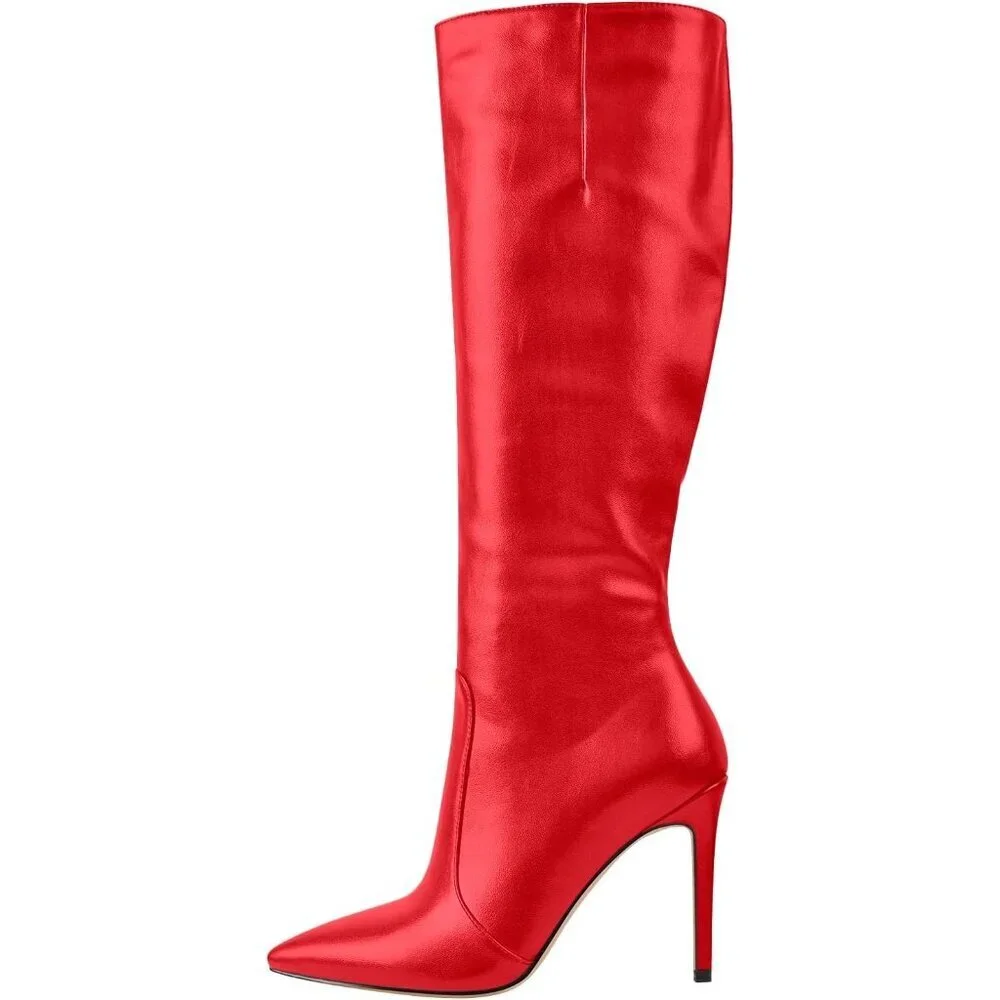 Women's Fux- Leather Red Knee High Pointed Toe Stiletto High Heel Stylish Boot